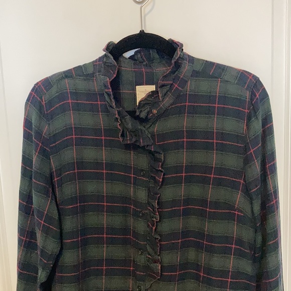 Gap red, green, and navy plaid button up shirt with ruffle detailing - Picture 2 of 6
